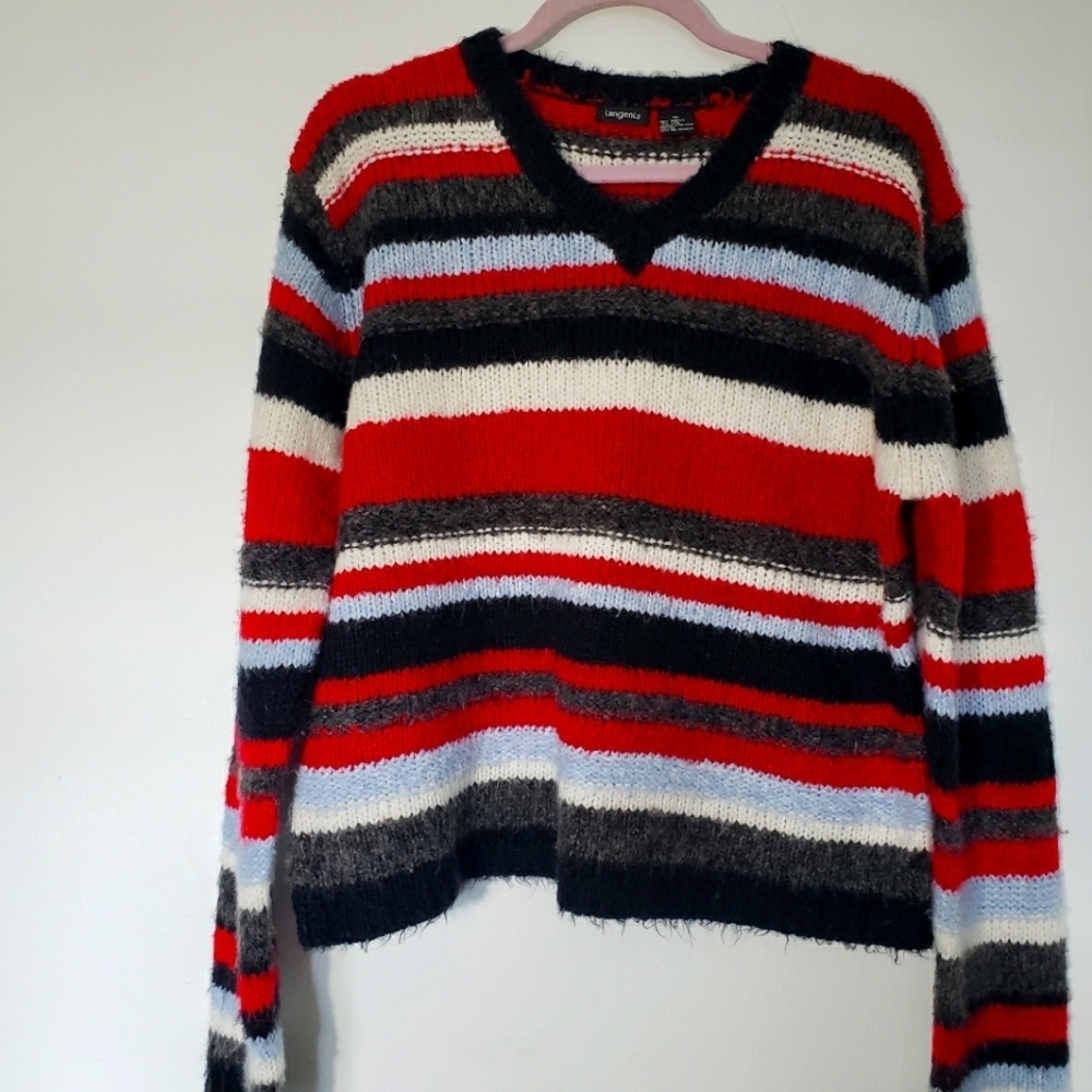 Langenis Wool Blend Striped V- Neck Long Sleeve Women's Sweater  Size XL